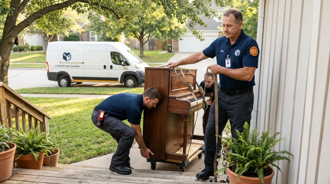 Licensed piano movers securing grand piano in Glastonbury, CT