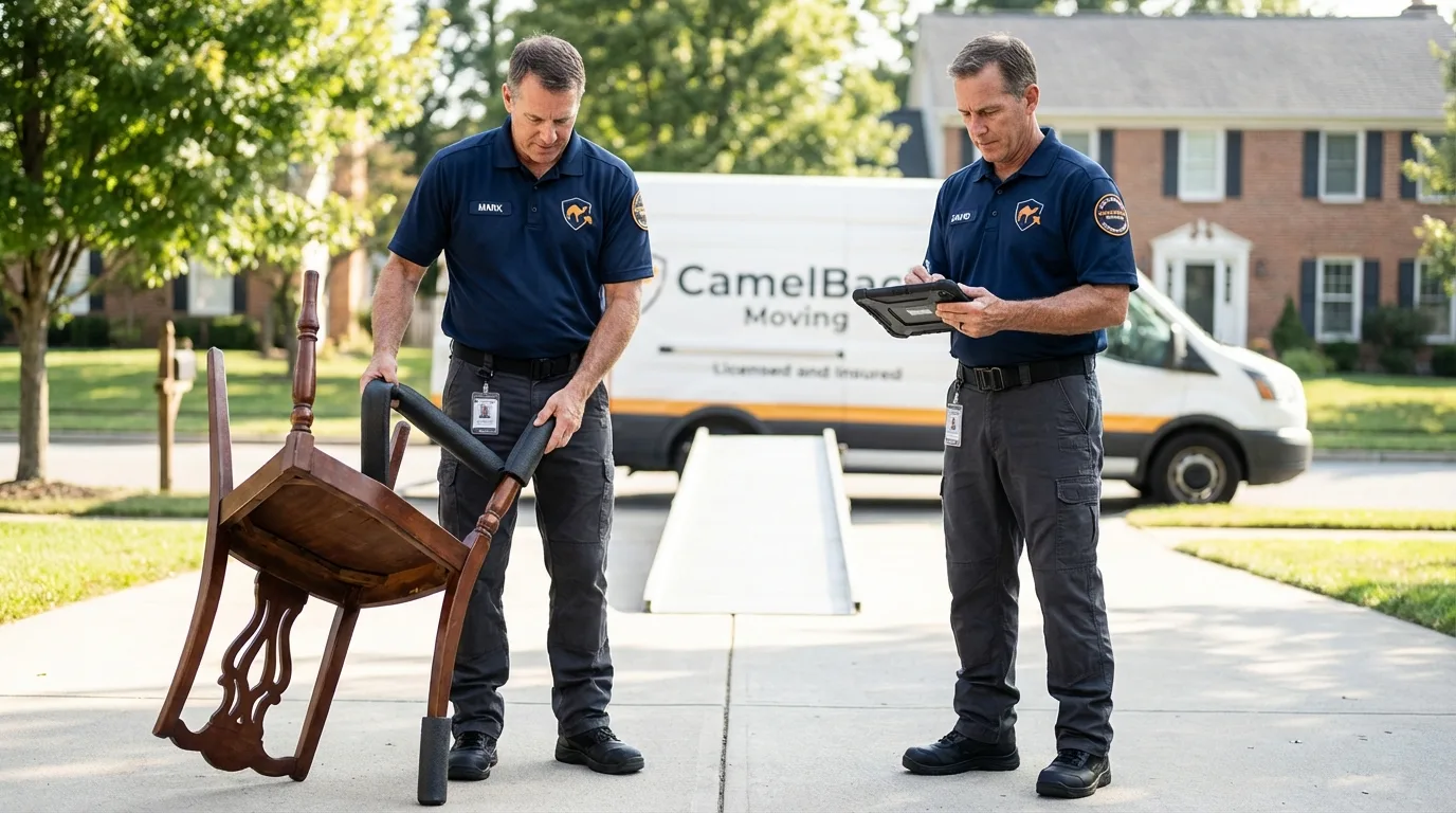 Movers inspecting furniture for damage prevention before loading in Glastonbury, CT