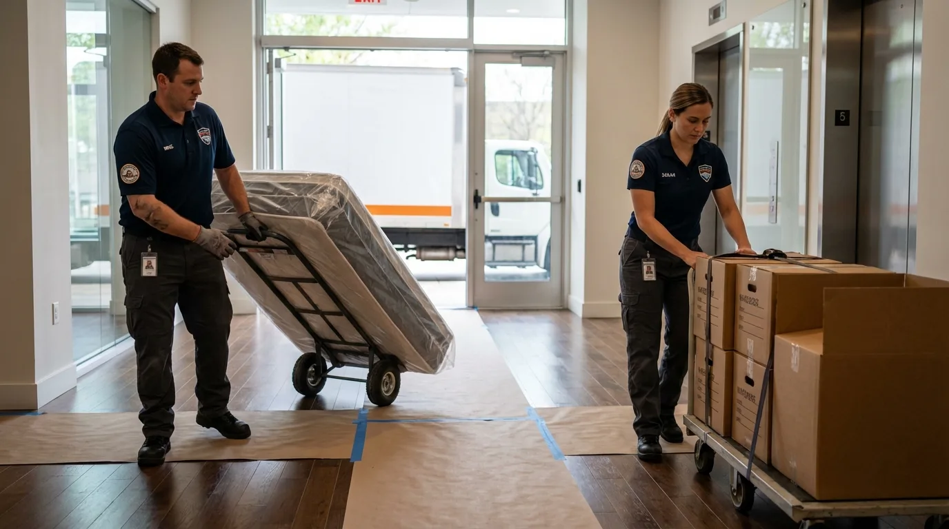 Professional apartment movers loading elevator in Glastonbury, CT